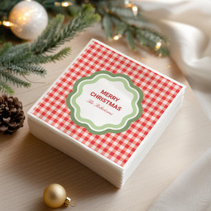 Servilleta De Papel Gingham Rojo con Marco Verde Ondulado Personalizad