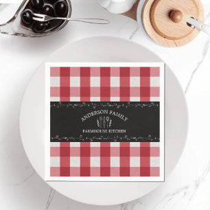 Servilleta De Papel Gingham Rojo Rústico País Pizarra Negra