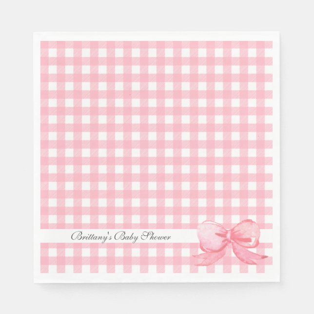 Servilleta De Papel Gingham rosa con las servilletas Baby Shower Bow (Anverso)