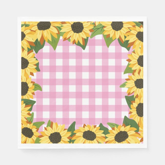 Servilleta De Papel Gingham Rosa y Girasoles (Anverso)