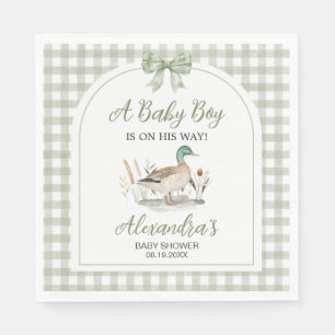 Servilleta De Papel Gingham Sage Green Mallard Duck Baby Shower