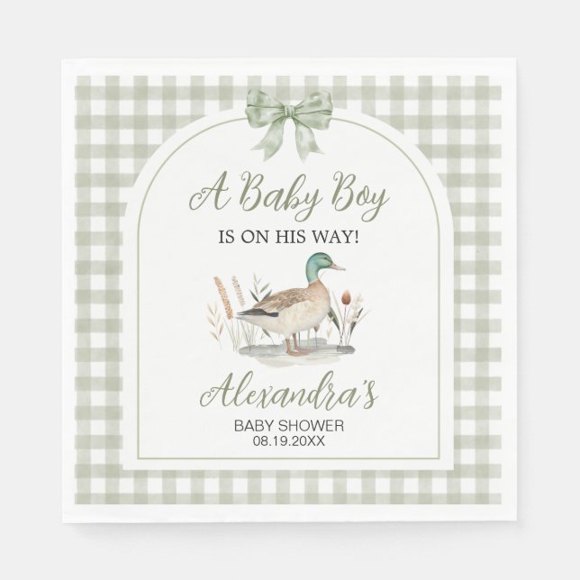 Servilleta De Papel Gingham Sage Green Mallard Duck Baby Shower (Anverso)