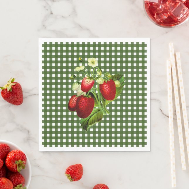Servilleta De Papel Gingham verde y fresas Papel de almuerzo (In situ)
