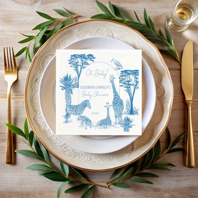 Servilleta De Papel Girafa de toile azul Safari ducha bebé monogramada (Safari blue toile de jouy giraffe baby shower monogrammed printed napkins personalized table decor)