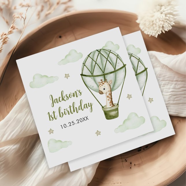 Servilleta De Papel Giraffe Hot Air Balloon Green Boy 1er cumpleaños (Subido por el creador)