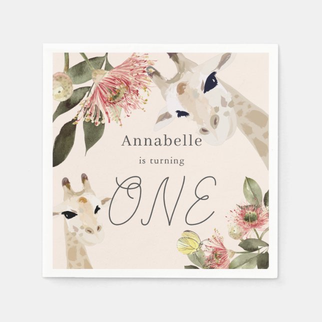 Servilleta De Papel Giraffe Pink Floral Girl 1st Birthday (Anverso)