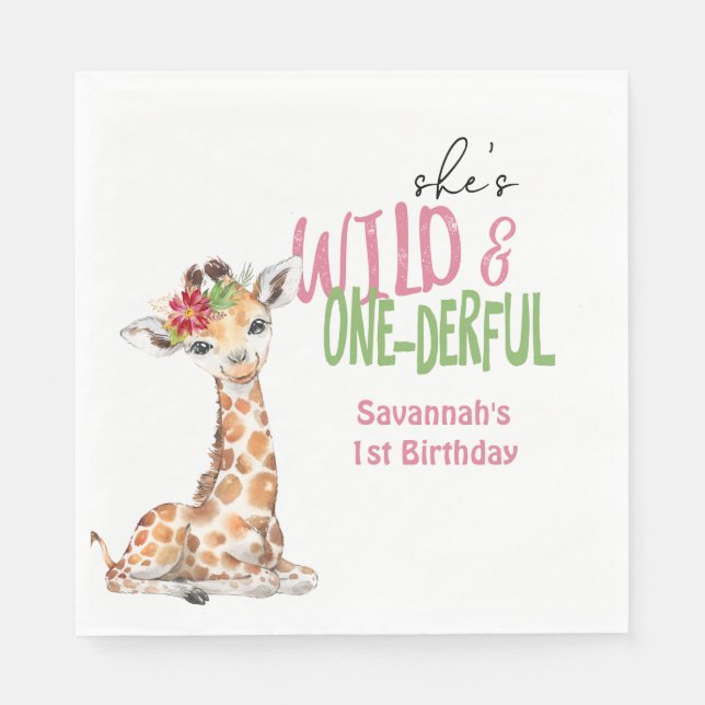 Servilleta De Papel Giraffe Primer Fiesta de cumpleaños Rosa (Anverso)