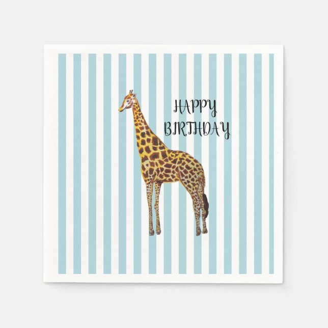 Servilleta De Papel Giraffe Safari Blue Stripe Birthday Party  (Anverso)