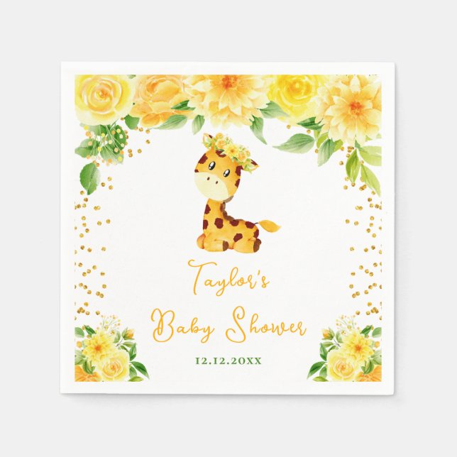 Servilleta De Papel Giraffe Yellow Floral Baby Shower (Anverso)