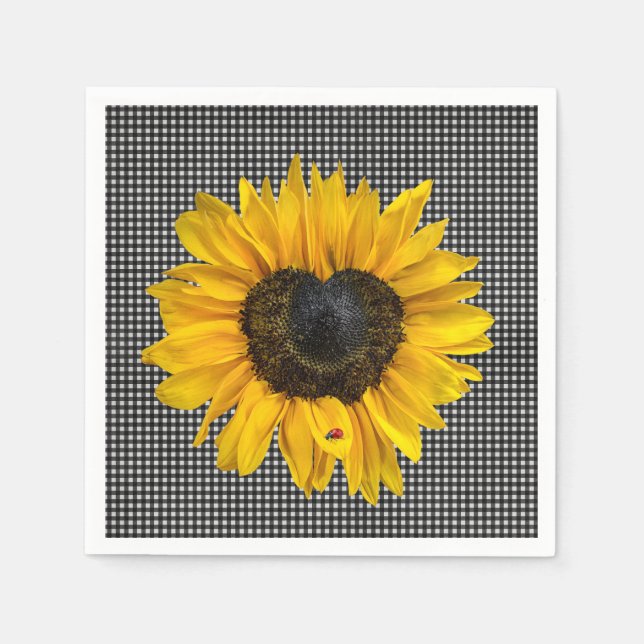 Servilleta De Papel Girasol corazón y mariquita sobre Gingham  (Anverso)