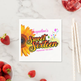 Servilleta De Papel Girasol y globos sobre dulce blanco Dieciséis