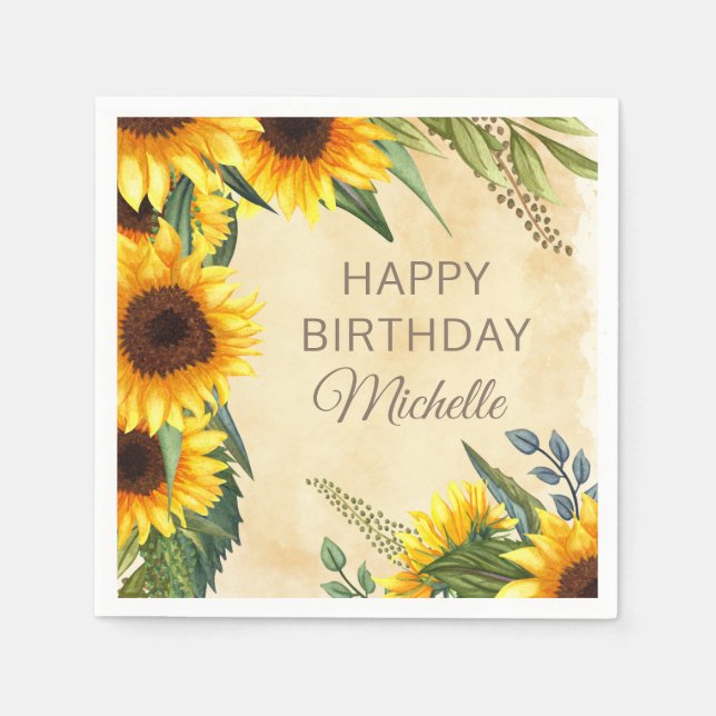 Servilleta De Papel Girasoles Amarillos Rústicos Cumpleaños Feliz Pers (Anverso)