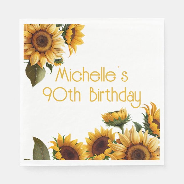 Servilleta De Papel Girasoles Elegantes Rústicos Cumpleaños 90 Blanco (Anverso)