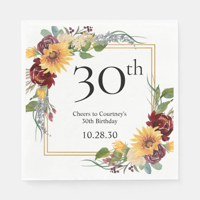 Servilleta De Papel Girasoles para el 30 cumpleaños (Anverso)