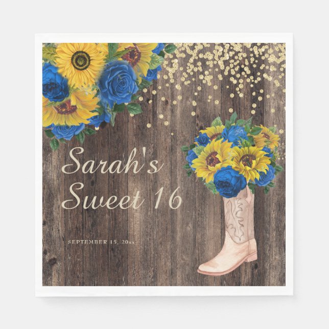Servilleta De Papel Girasoles Rústicos Rosas Azules Botas Dulces 16 (Anverso)