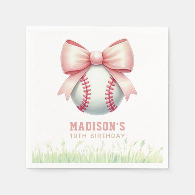 Servilleta De Papel Girl Birthday Personalized Pink Baseball Bow (Anverso)