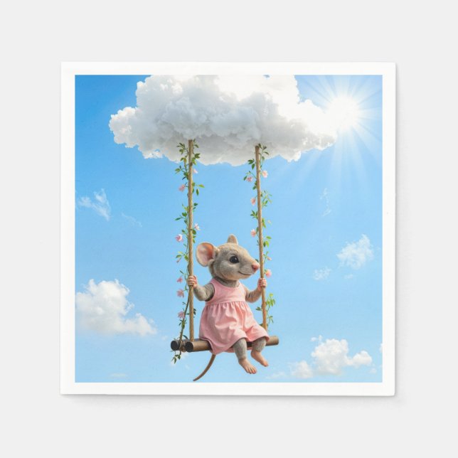 Servilleta De Papel Girl Mouse In a Pink Dress On a Swing (Anverso)