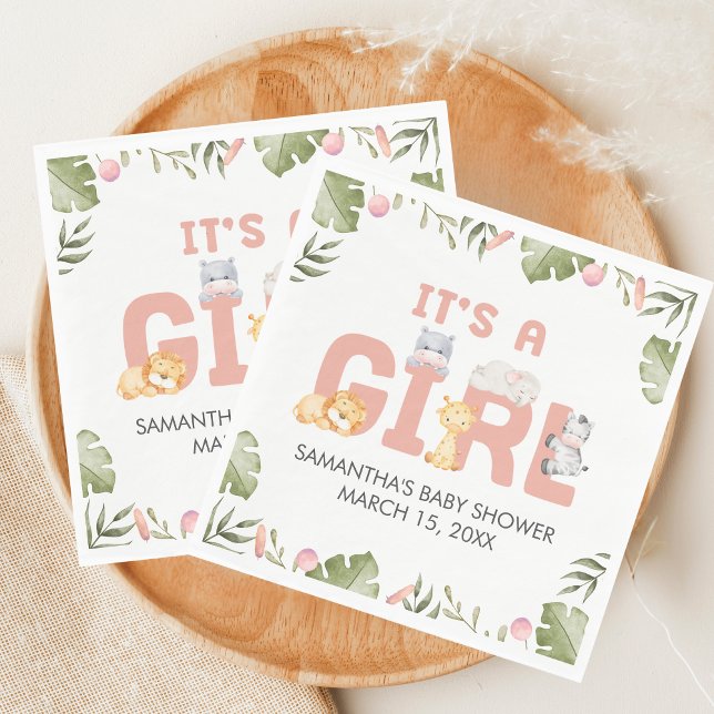 Servilleta De Papel Girl Safari Animal Baby Shower  (Safari Jungle Animals Baby Shower Napkin)