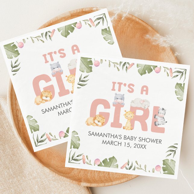 Servilleta De Papel Girl Safari Animal Baby Shower  (Safari Jungle Animals Baby Shower Napkin)