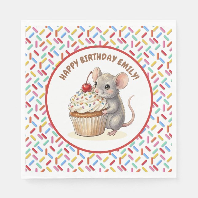 Servilleta De Papel Girl's Birthday Party | Mouse & Cupcake   (Anverso)