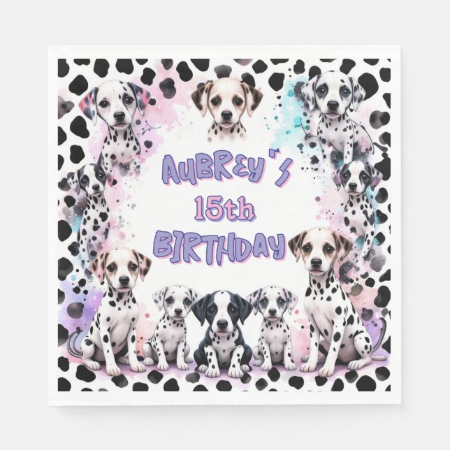 Servilleta De Papel Girl's Dalmatian Puppy Pastel Purple Birthday (Anverso)