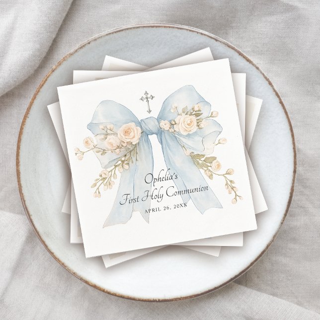 Servilleta De Papel Girl's First Communion Dusty Blue Floral Bow (Subido por el creador)