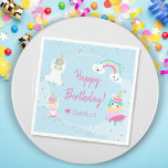 Servilleta De Papel Girls Llamacorn Unicorn Happy Birthday Party<br><div class="desc">Celebrate your little girl's birthday with this adorable custom llamacorn theme paper napkin. Napkin has a blue cloud background, adorable llamas dressed as unicorns, a baby llamacorn, a rainbow, and gold glitter stars. The editable text says Happy Birthday and includes a spot for your little kid's name and age. This...</div>