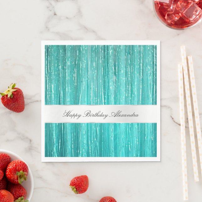 Servilleta De Papel Girly Aqua Mint Glam Glitzy Tinsel Stripes (In situ)
