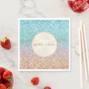 Servilleta De Papel Girly Aqua Peach Gold Mint Mermaid Purpurina