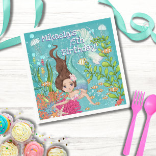 Servilleta De Papel Girly Brunette Mermaid Under the Sea Birthday