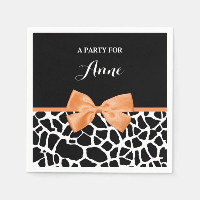 Servilleta De Papel Girly Giraffe Print Naranja Ribbon Bow Con Nombre (Anverso)