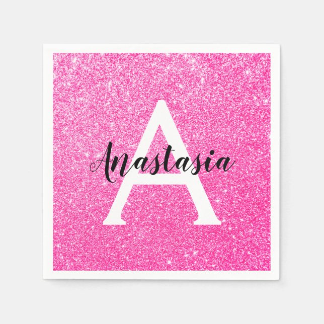 Servilleta De Papel Girly Glam Purpurina rosa caliente Esparkles Monog (Anverso)