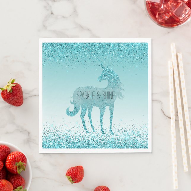 Servilleta De Papel Girly Glitz Aqua Turquoise Purpurina Unicorn (In situ)