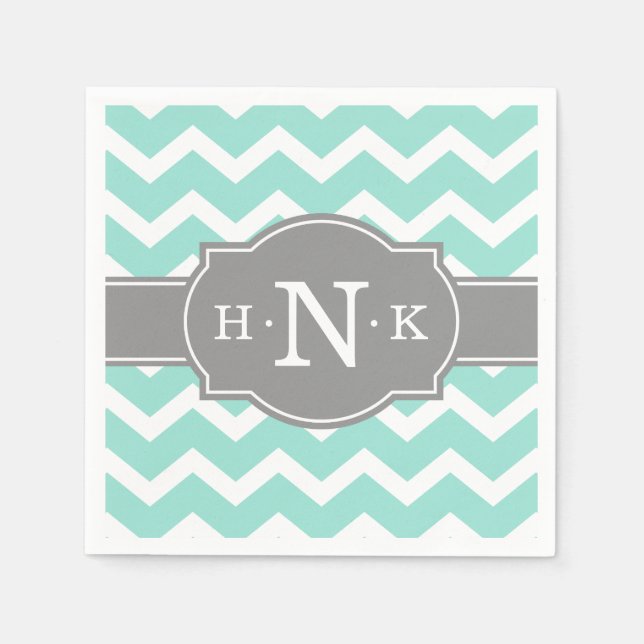 Servilleta De Papel Girly Mint Chevron Gray Monograma (Anverso)