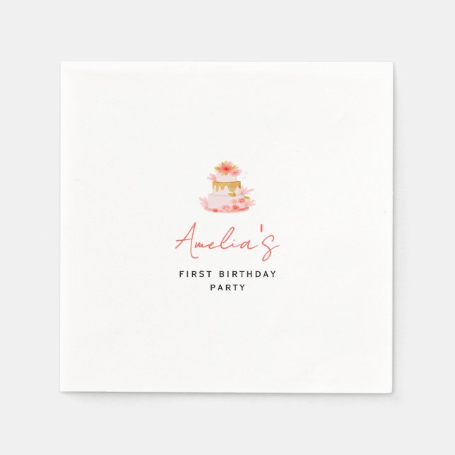 Servilleta De Papel Girly Pink Floral Cake Birthday Party (Anverso)