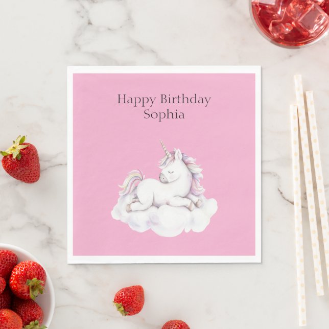 Servilleta De Papel Girly Pink Unicorn on Cloud Birthday (In situ)