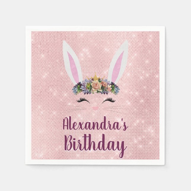 Servilleta De Papel Girly Rubor Pink Easter Bunny Birthday Party (Anverso)