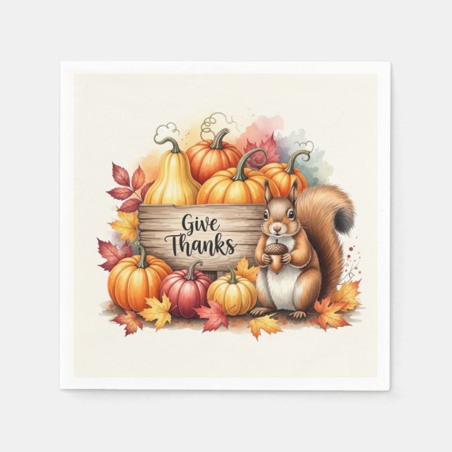 Servilleta De Papel Give Thanks – Whimsical Squirrel & Pumpkin Harvest (Anverso)