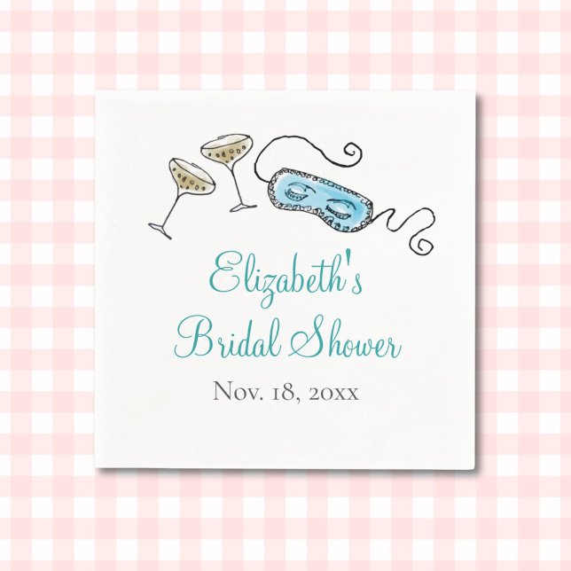 Servilleta De Papel Glam 1960 Fiesta de cócteles ilustrado a mano Girl (This hand-illustrated bridal shower napkin features champagne glasses and a sleep mask.)
