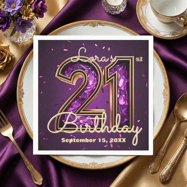 Servilleta De Papel Glam Amethyst Purple Crystal Gold 21st Birthday (Subido por el creador)