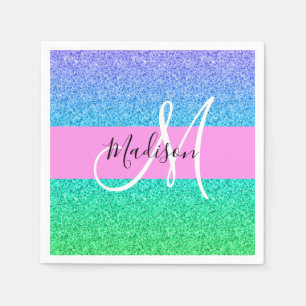 Servilleta De Papel Glam Azul Verde Brillo Destello Gradiente Monogram