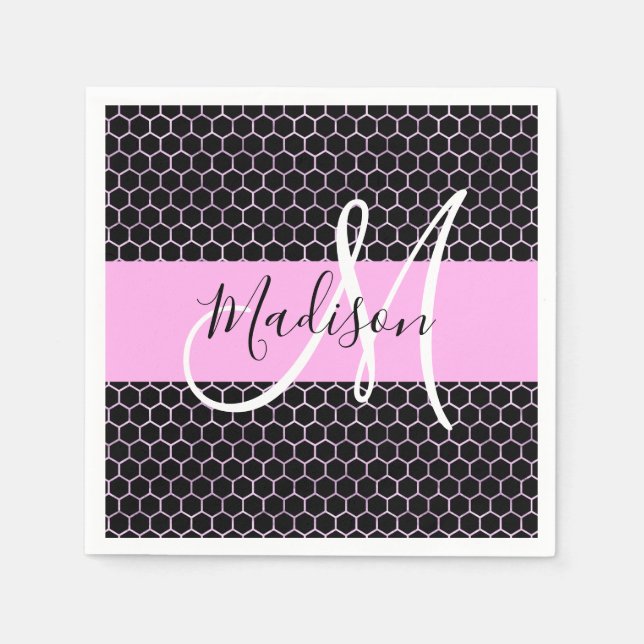 Servilleta De Papel Glam Black Metallic Pink Honeycomb Monograma Nombr (Anverso)