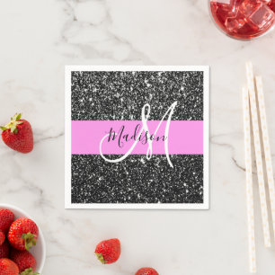 Servilleta De Papel Glam Chic Rosa Negro Brillo Destello Monograma Nom