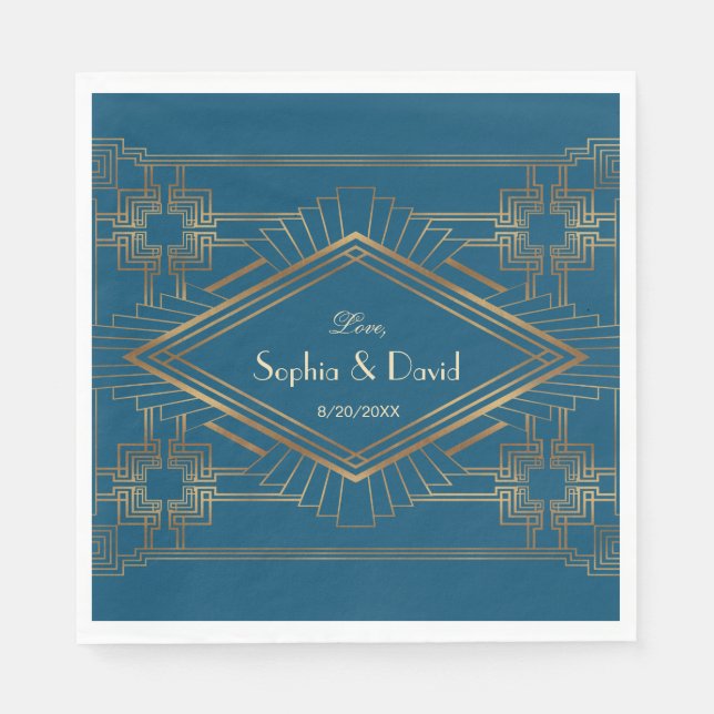 Servilleta De Papel Glam Gold Great Gatsby Ocean Blue Boda (Anverso)