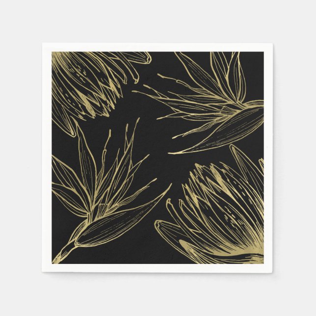Servilleta De Papel Glam Gold moderno y Black Tropical Botanical Flora (Anverso)