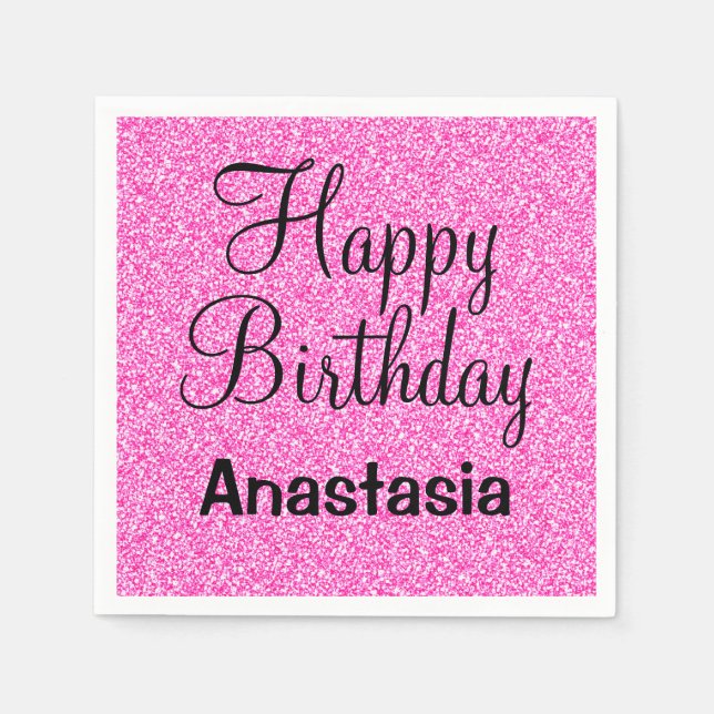 Servilleta De Papel Glam Happy Birday Hot Pink Purpurina Sparkle Name (Anverso)
