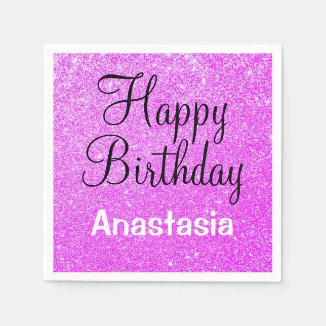 Servilleta De Papel Glam Happy Birthday Purple Purpurina Sparkle Name (Anverso)