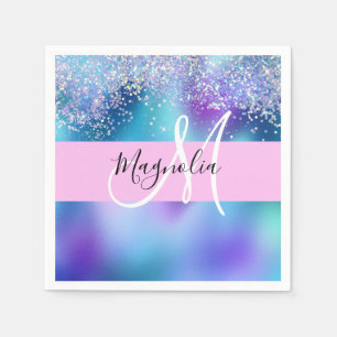 Servilleta De Papel Glam Holográfico Sirena Brillo Destello Monograma