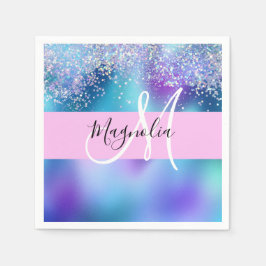 Servilleta De Papel Glam Holographic Mermaid Purpurina Sparkle Monogra