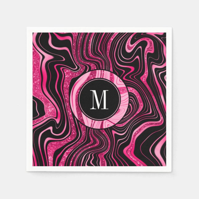 Servilleta De Papel Glam Hot Pink Black Marble Agble Purpurina Monogra (Anverso)